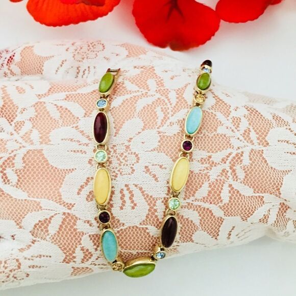 Liz Claiborne Vintage Rhinestones Lucite Bracelet Multicolor Blue Green 4238 - Picture 3 of 4